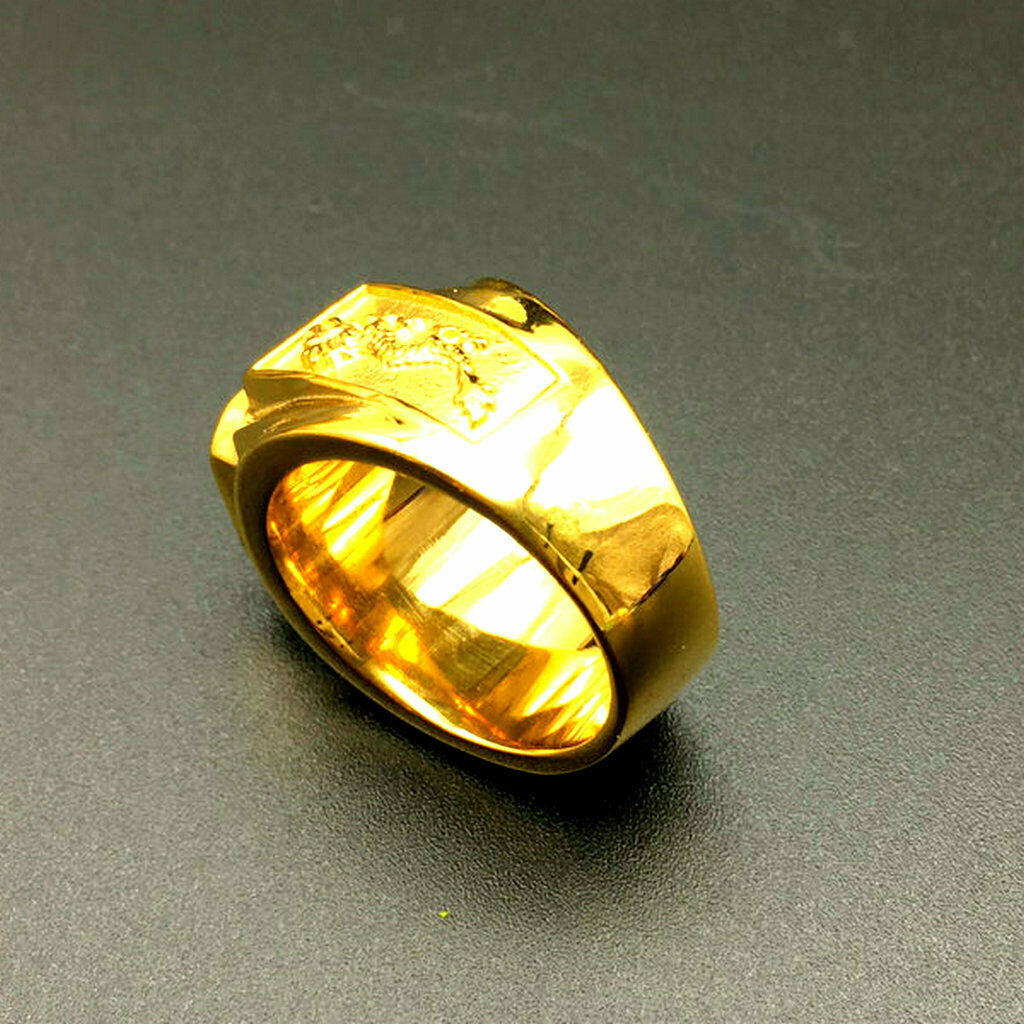Golden Carved Flying Dragon Stainless Steel Ring with Glitter Blue Gem US9