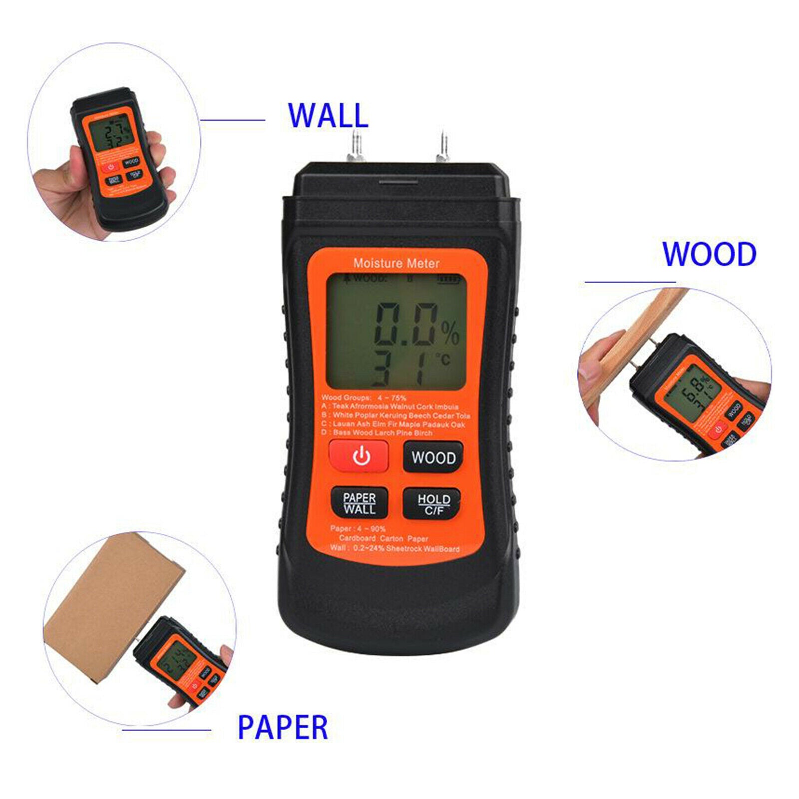 Handheld Wood Moisture Meter Hygrometer Pin-type Scanner for Walls Firewood