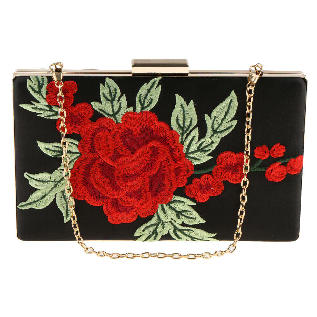 Elegant Embroidered Rose Flower Shoulder Chain Bag Evening Prom Clutch Purse