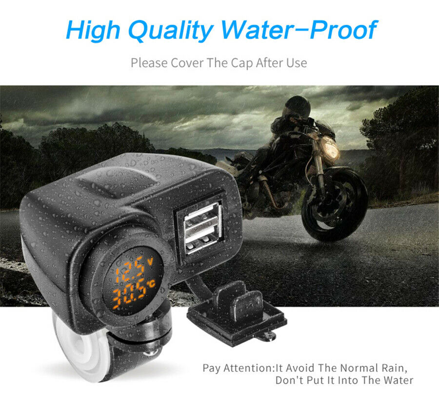 LED Dual USB Charger Voltmeter Thermometer For Motorcycle Scooter Handlebar 1x