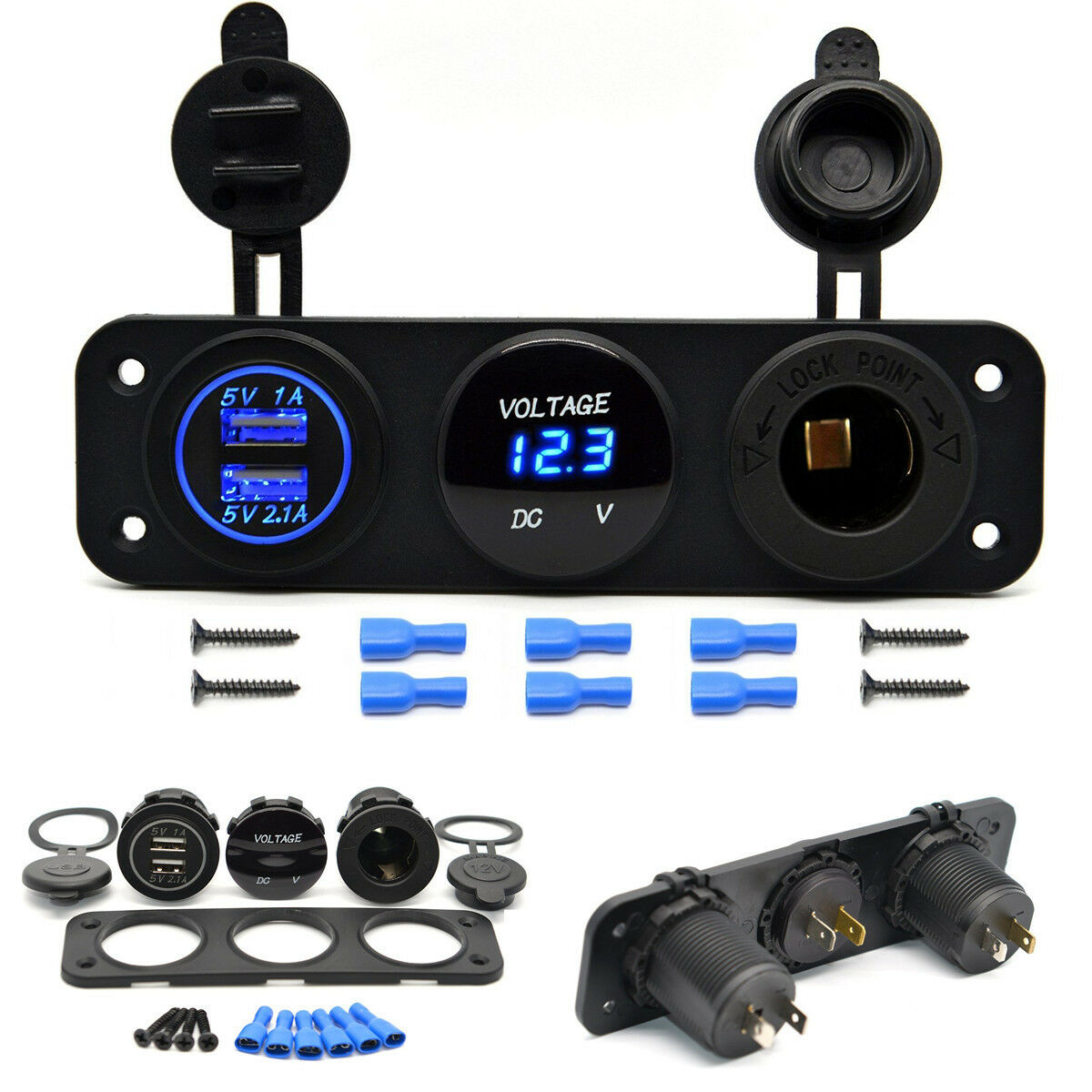 Autos Truck Dual USB Charger Voltmeter 12V Cigarette Lighter Outlet Socket Panel