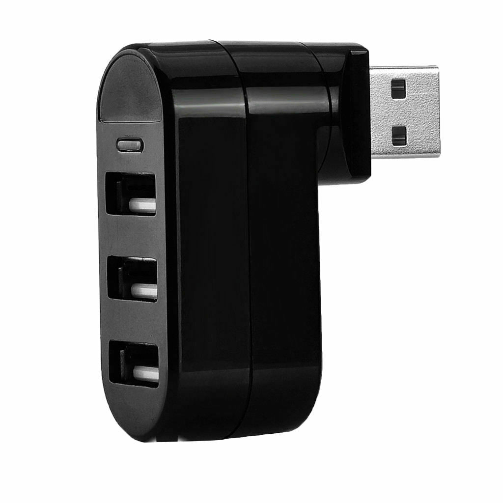 Premium Mini 3-Port USB 2.0 90°/180° Degree Rotatable Hub Adapter, Black