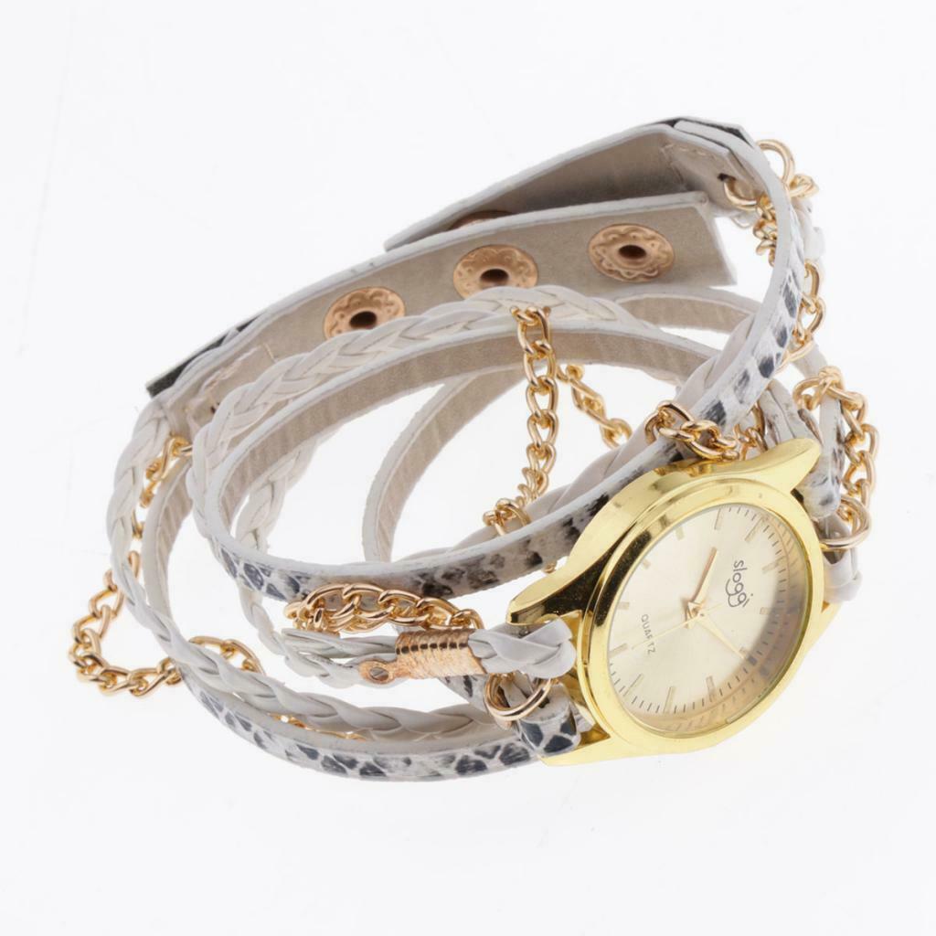 Womens Multilayer Wristwatch Weave Wrap Leather Bracelet Wrist Watch White
