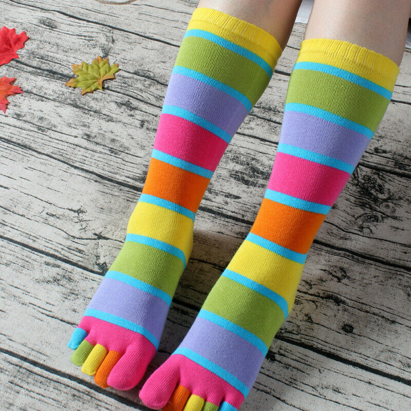 Womens Toe Socks 3 Pairs Cotton Rainbow Stripe Knee High Five Finger Socks Ankle