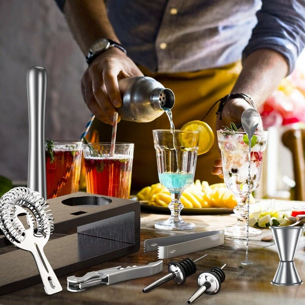 Bartender Kit With Stand Stainless Steel Cocktail Shaker With 10 Pieces Bar Tool