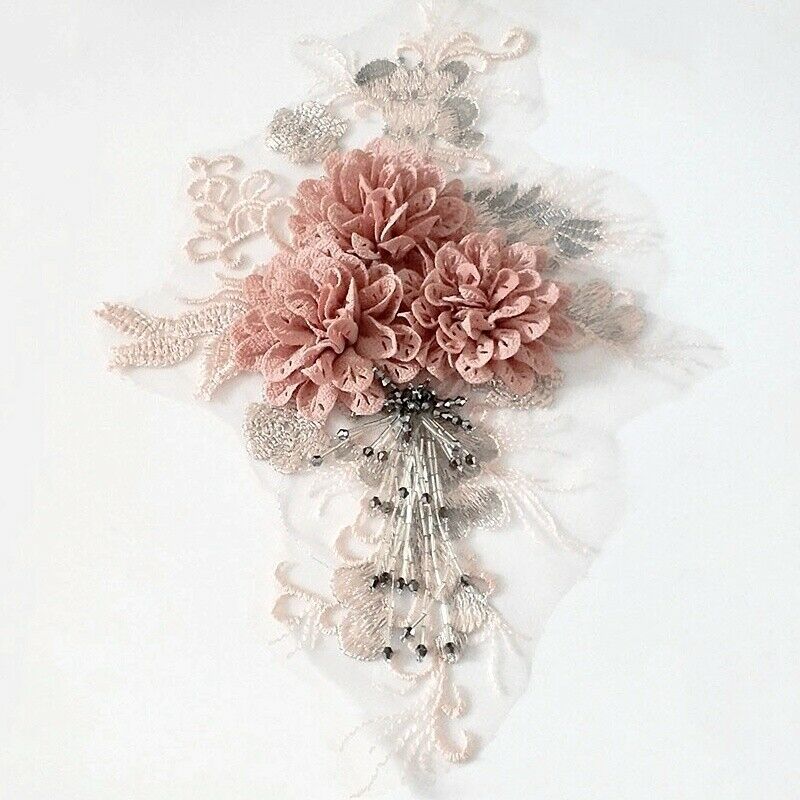 Embroidered Floral Patch Applique Beaded Lace for Wedding Dress Costume DIY New