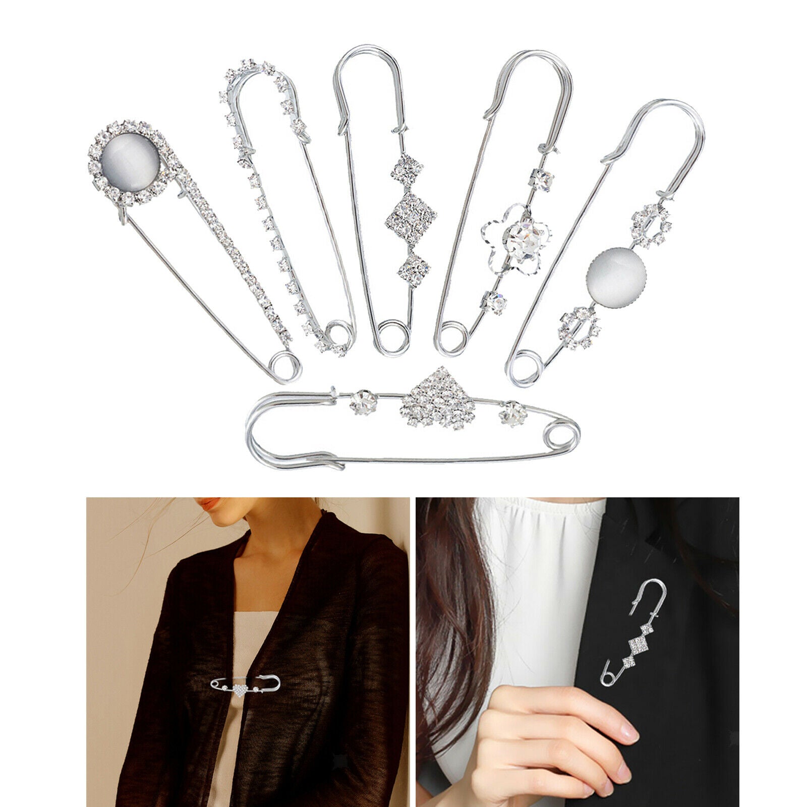 Set of 6 Exquisite Women Crystal Brooch Pins Anti-Exposure Neckline Buckle