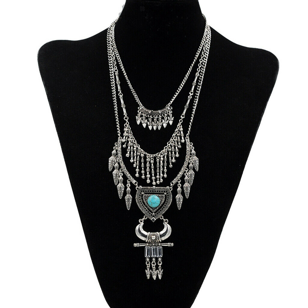 Retro multi-layer leaf arrow fringe heart-shaped turquoise horn necklace