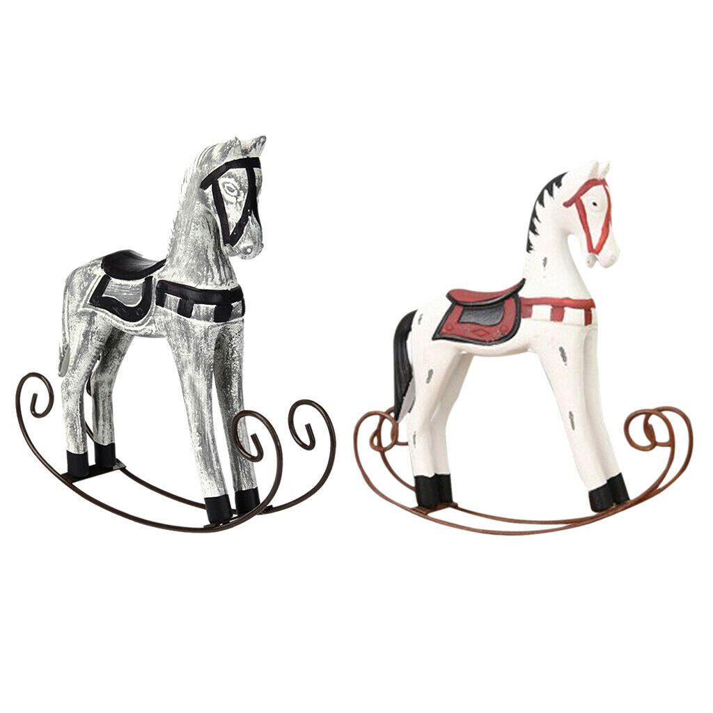 2x Nordic Wooden Rocking Horse Statue Wedding Decor Wood Horse Crafts DIY Bar