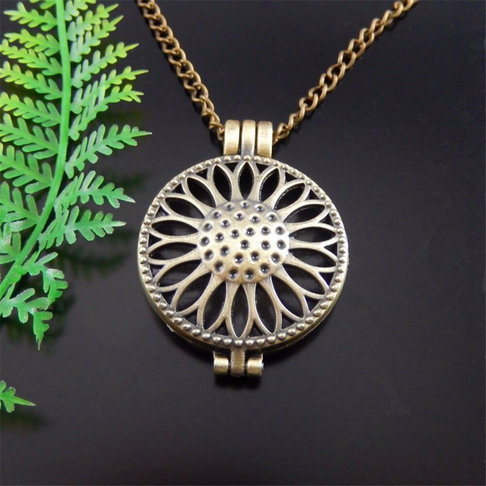 1pcs Sunflowers Hollowed Lockets Bronze Alloy Necklace Pendants Oil Diffuser
