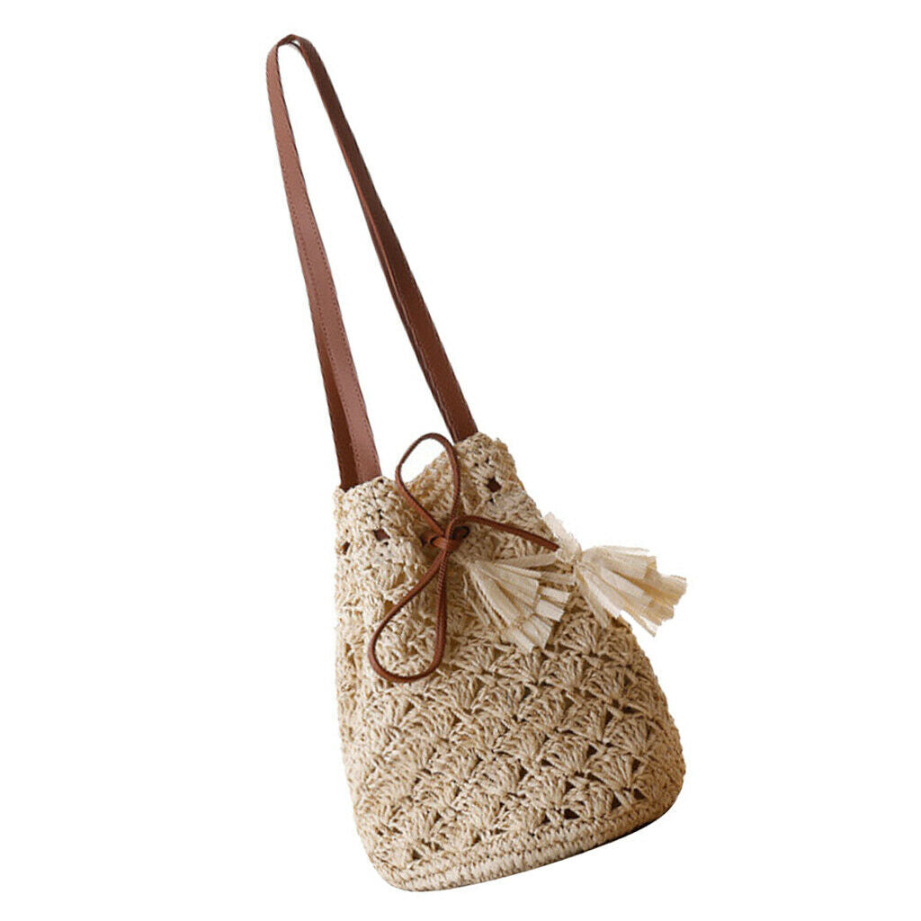 Ladies Handbag Drawstring Tote Straw Woven Purse Beach Shoulder Bag Beige