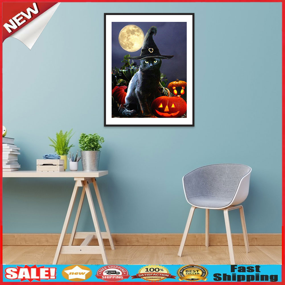 Halloween Black Cat 5D Full Drill Diamond Painting DIY Craft Cross Stitch @
