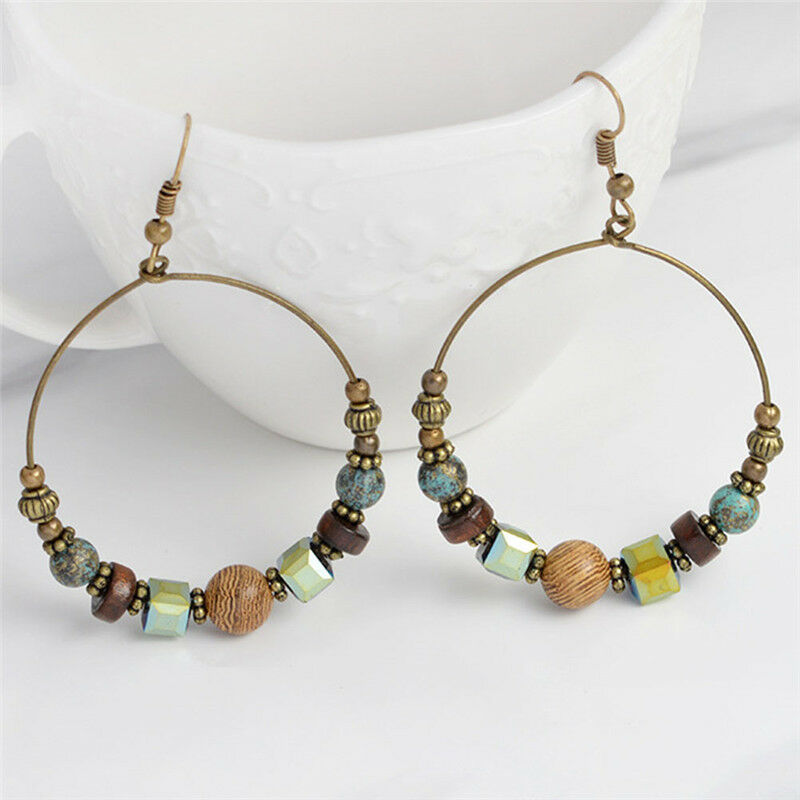 Bohemia Drop Dangle Earrings Ethnic Big Circle Crystal Beads Ear Stud Jewlery Qx