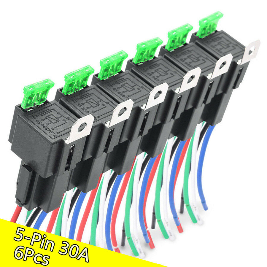 6pcs Car Relay Switch Harness Set 12V 5PIN SPDT 30AMP Fuse Holder 14AWG Hot Wire