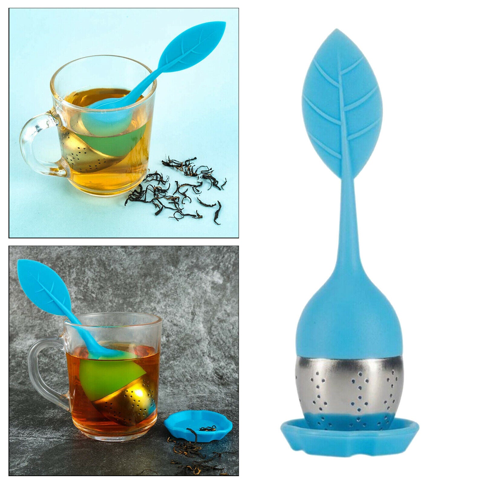 Tea Strainer with Drip Tray Loose Tea Steeper for Loose Leaf Tea Blue