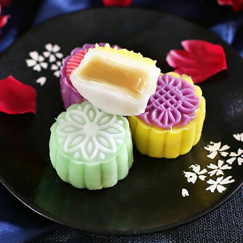 4pcs Flower Stamps Moon Cake Decor Mould Barrel Round Pastry Mooncake Mold 100g