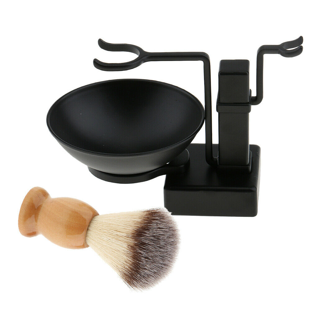 Men Beards Moustache Shaving Brush Bowl Stand Holder Set Kit Alloy + Wood