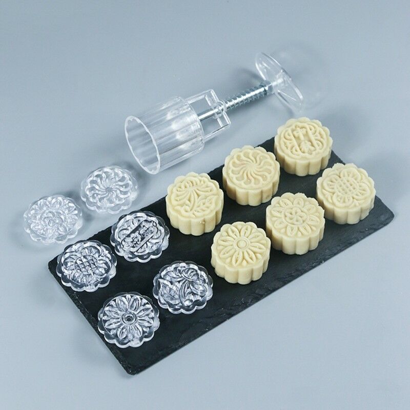 6 Flower Stamps Moon Cake Mould Transparent Round Mooncake Mold Baking Decor 50g