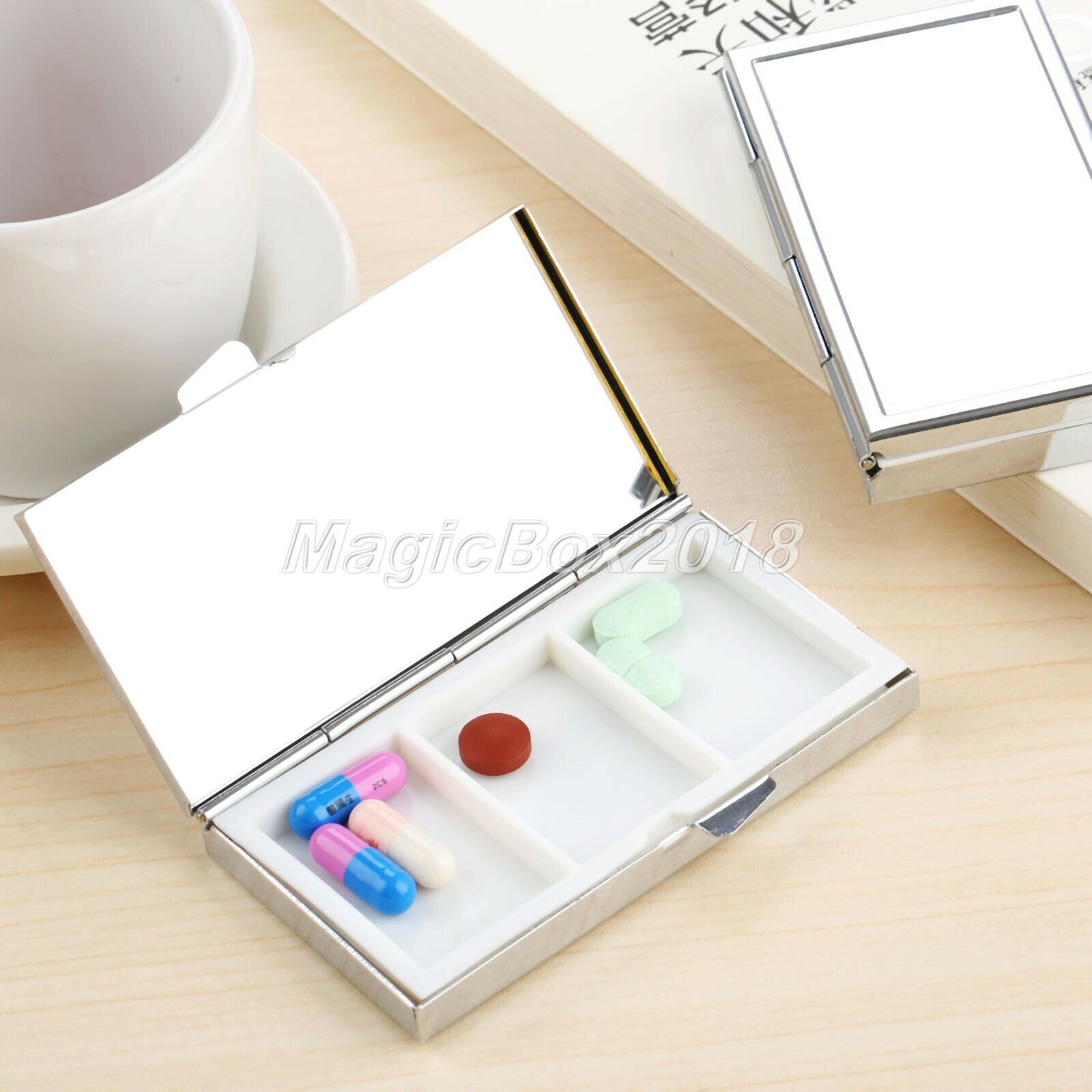 3 Grids Portable Pill Box Medicine Vitamin Organizer Container Rectangle Metal
