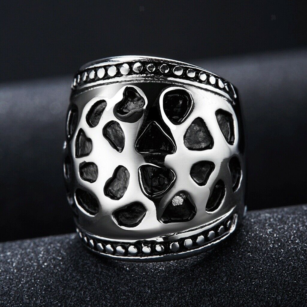Fashion Hollow Out Retro Punk Finger Wide Ring 316L Steel Color Jewelry US 6