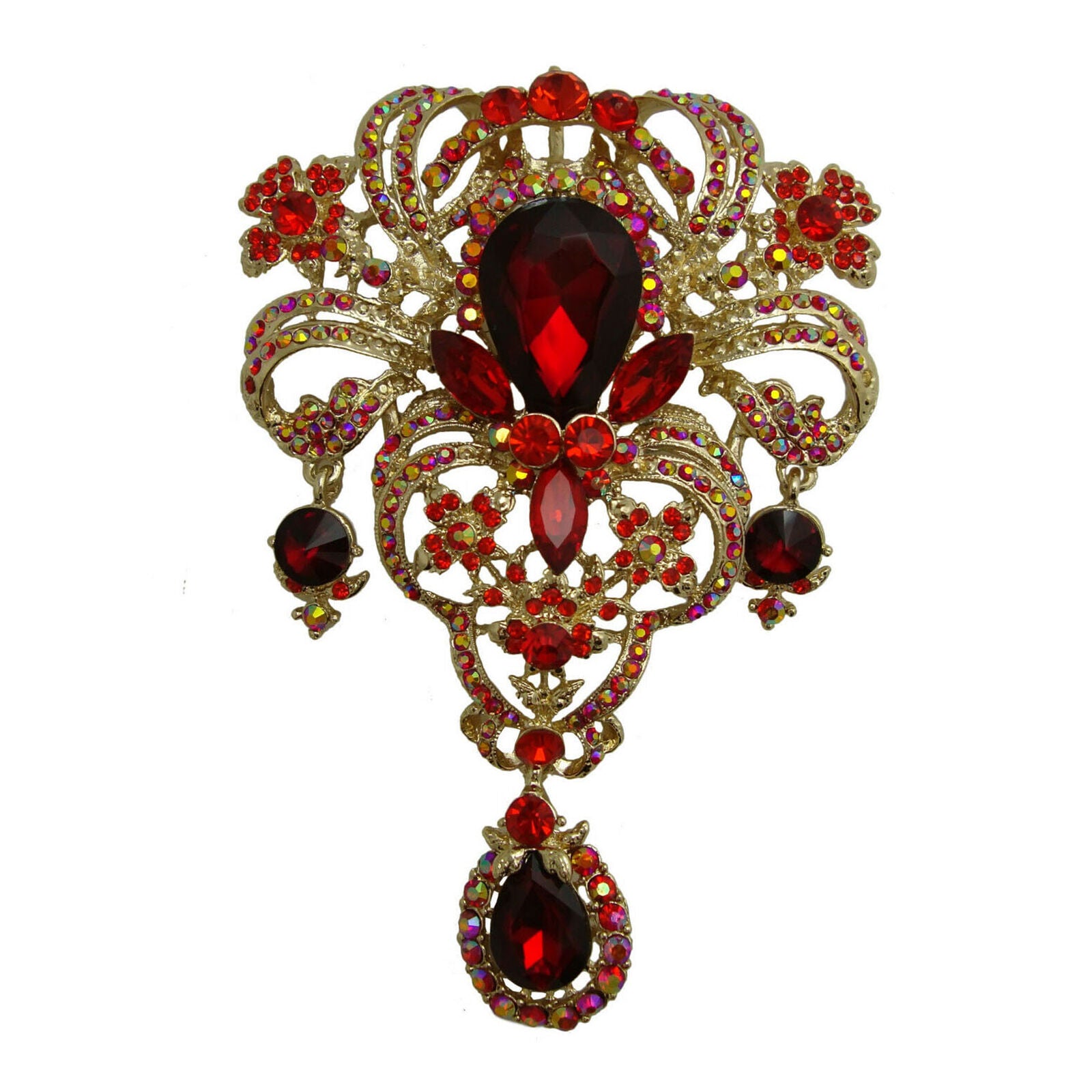 5.04" Classic style Flower drop Brooch Pin Pendant Red Crown Rhinestone Crystal
