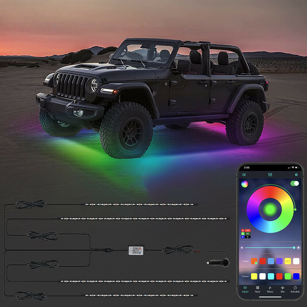 4pcs RGB Dream Color Underglow LED Kit Car Neon Strip Light Music APP Control