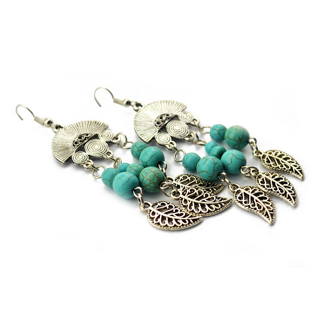 Bohemian Fashion Tassel Turquoise Leaf Drop Dangle Hook Earrings for Women