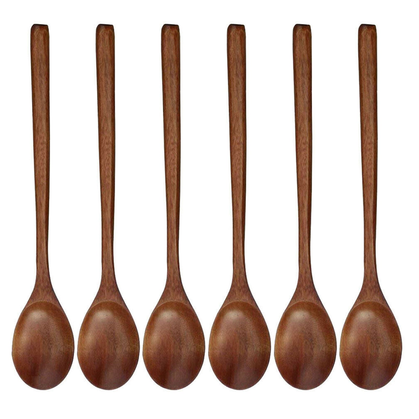 6Pcs NEW Wooden Spoon Kitchen Spices Natural Wood Long Handle Eating Spoons Set