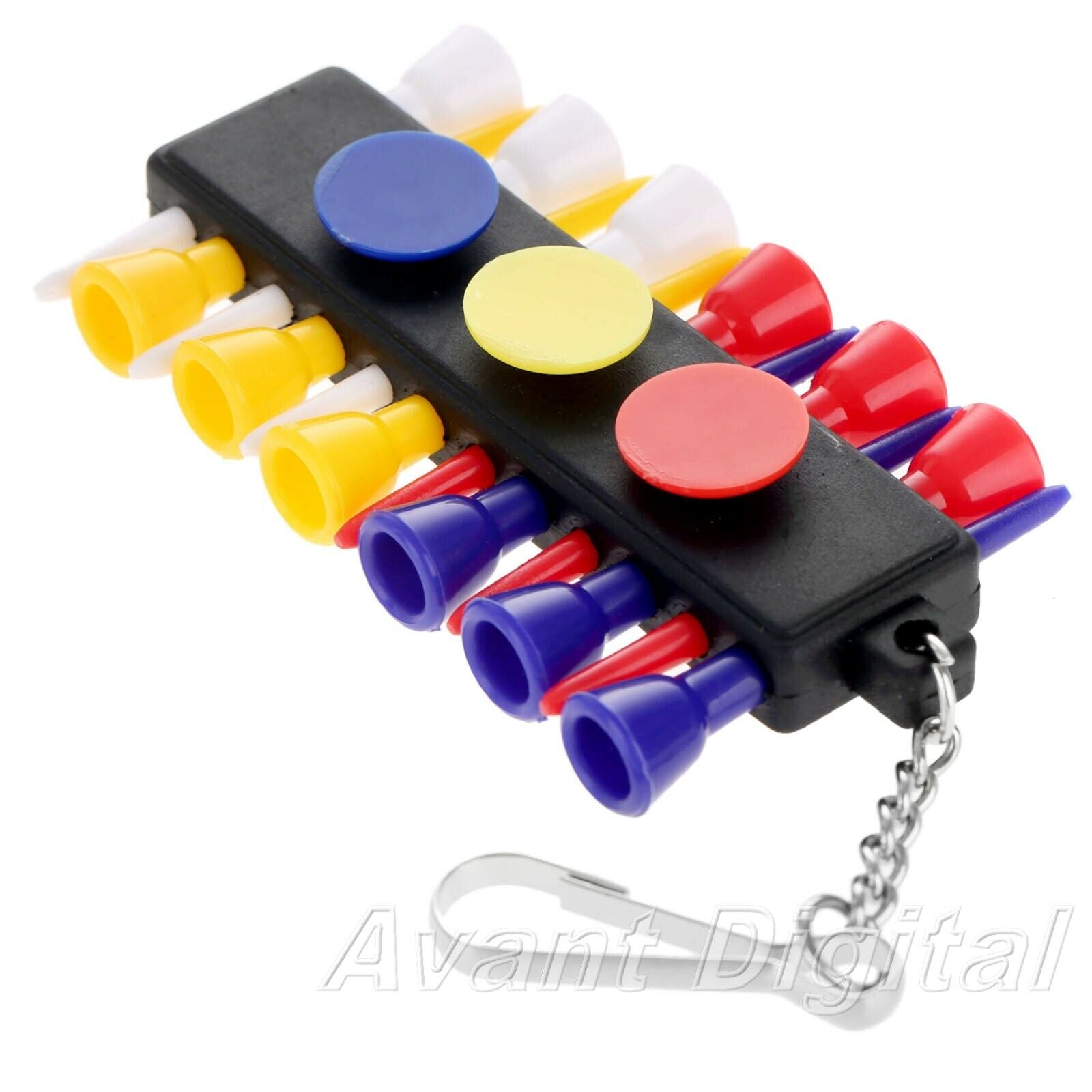 Rubber Plastic Golf Tee Black Holder With 12 Tees & 3 Ball Markers & Keychain