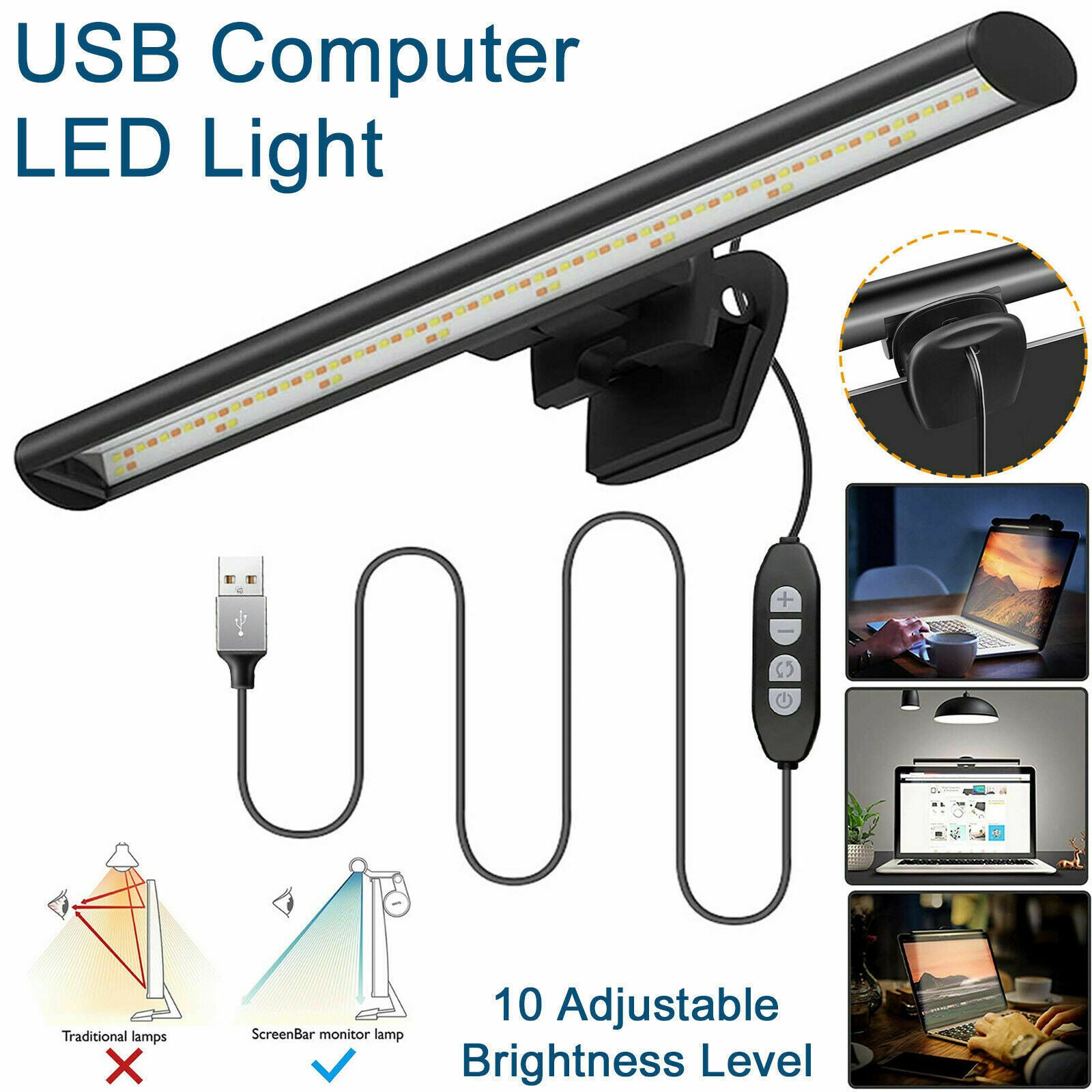 LED Desk Lamp USB Computer Laptop Monitor Screen Clamping Light Bar Office Home