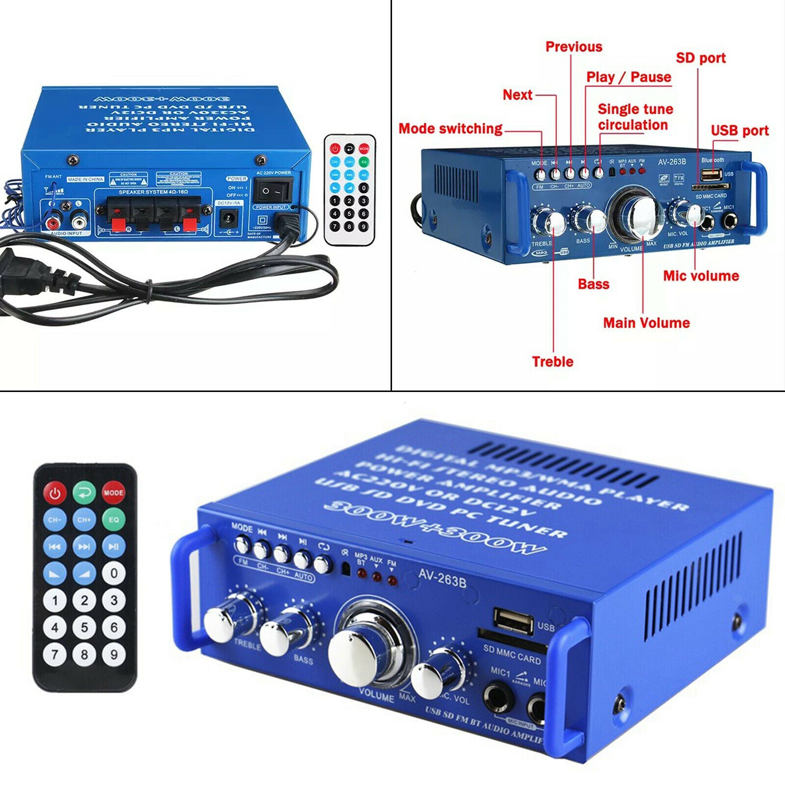 220V Bluetooth 5.0 Digital Audio Amplifier Car Stereo Amp USB Music Player