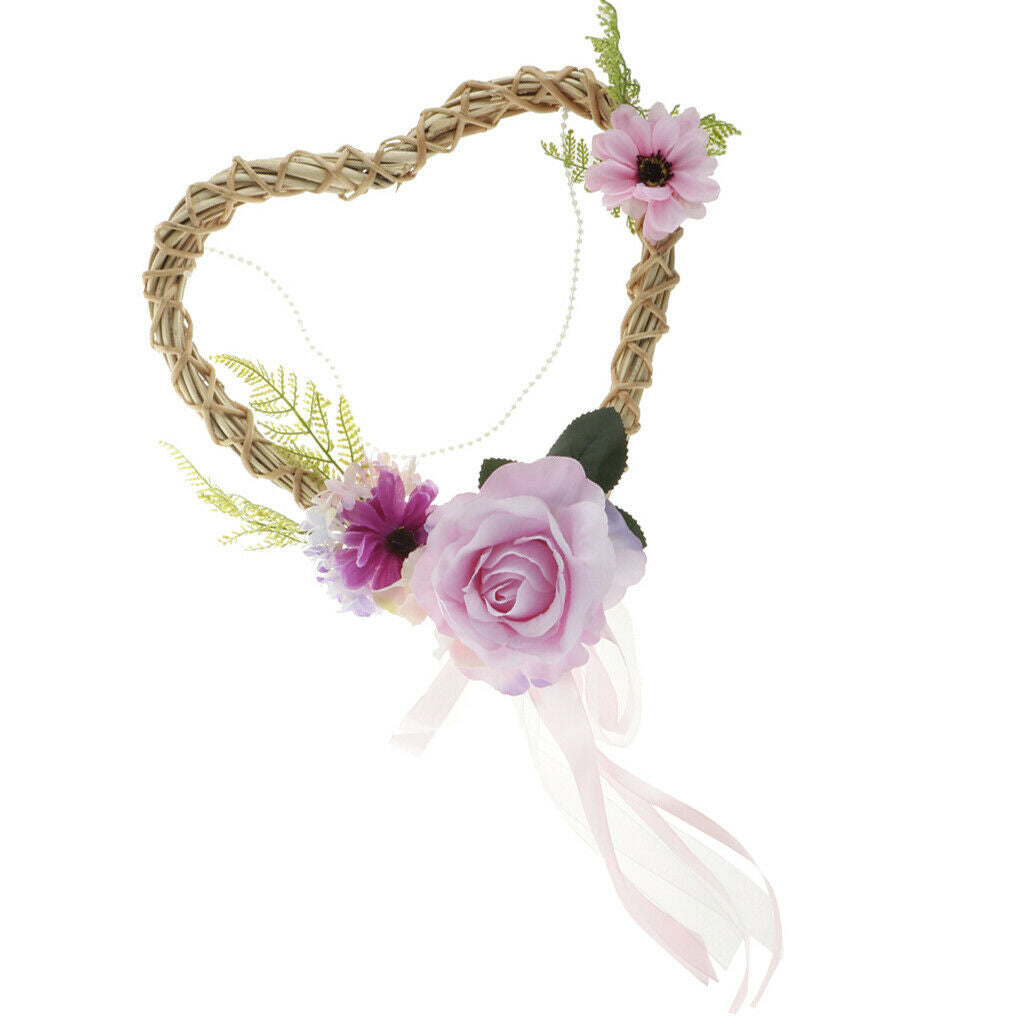 Shabby Chic Rattan Heart Silk Flower Blossom Wreath Door Wall Hanging Home