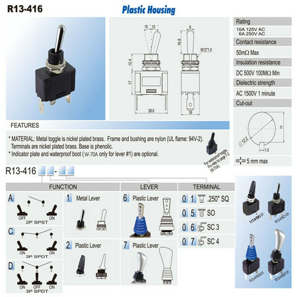 AC 125V/6A ON/OFF/ON 3 Position DPDT Toggle Switch Momentary