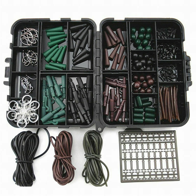 Carp Fishing Hair Rigs Set Clips Hooks Rubber Tubes Swivels Beads Tackle Box