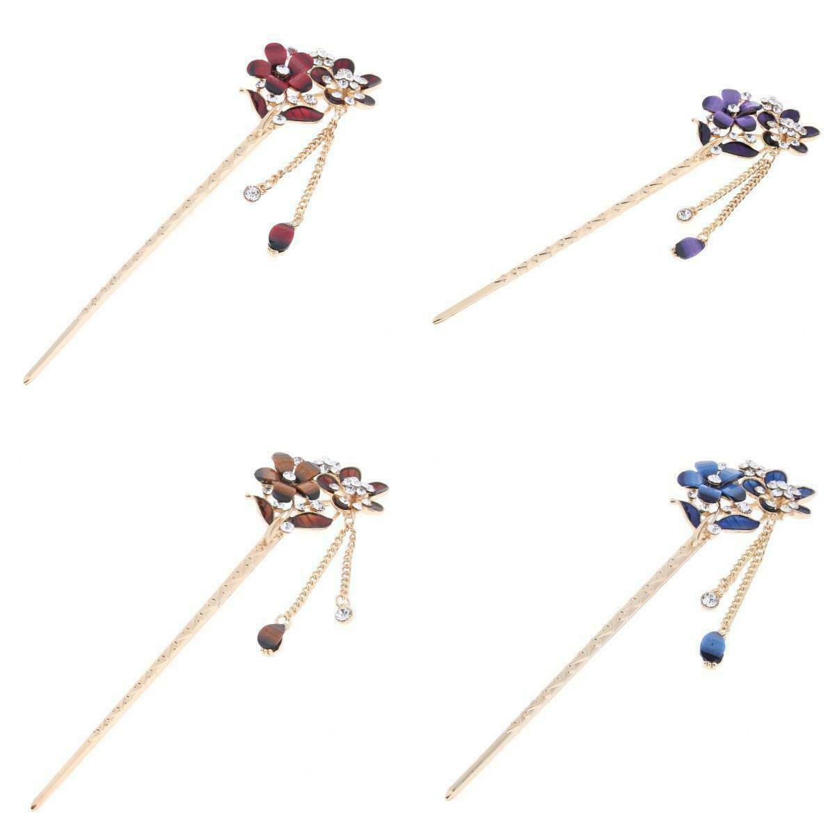 4x Chinese Style Hair Stick Women Wedding Flower Rhinestone Hairpin Party