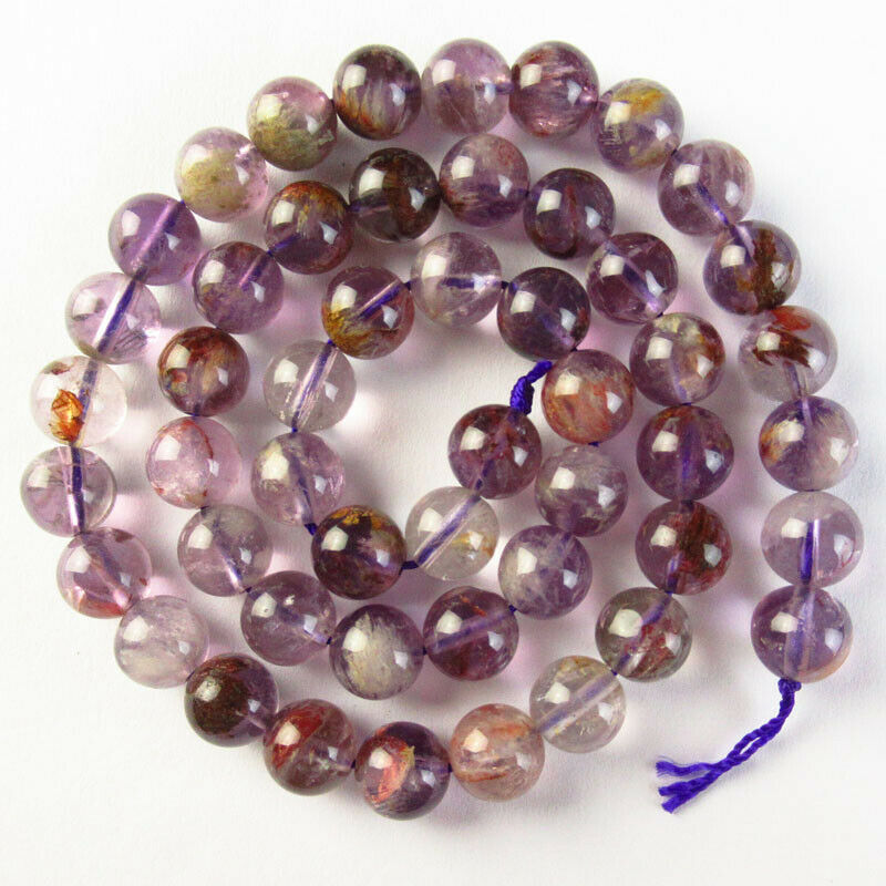8mm Natural Purple Phantom Quartz Round Ball Loose Bead 15.5 inch A-52TZ-2