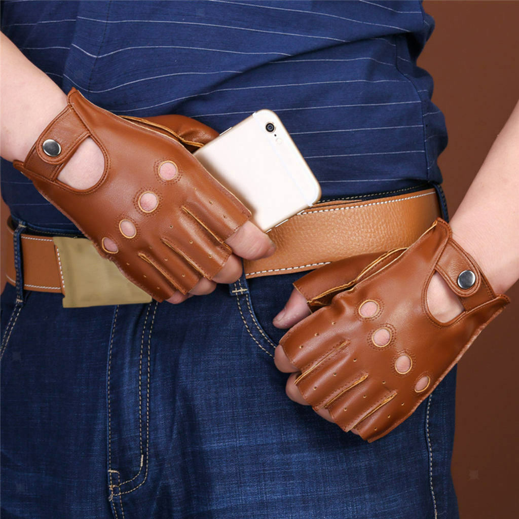 Retro PU Leather Men Fingerless Driving - Brown Button, L