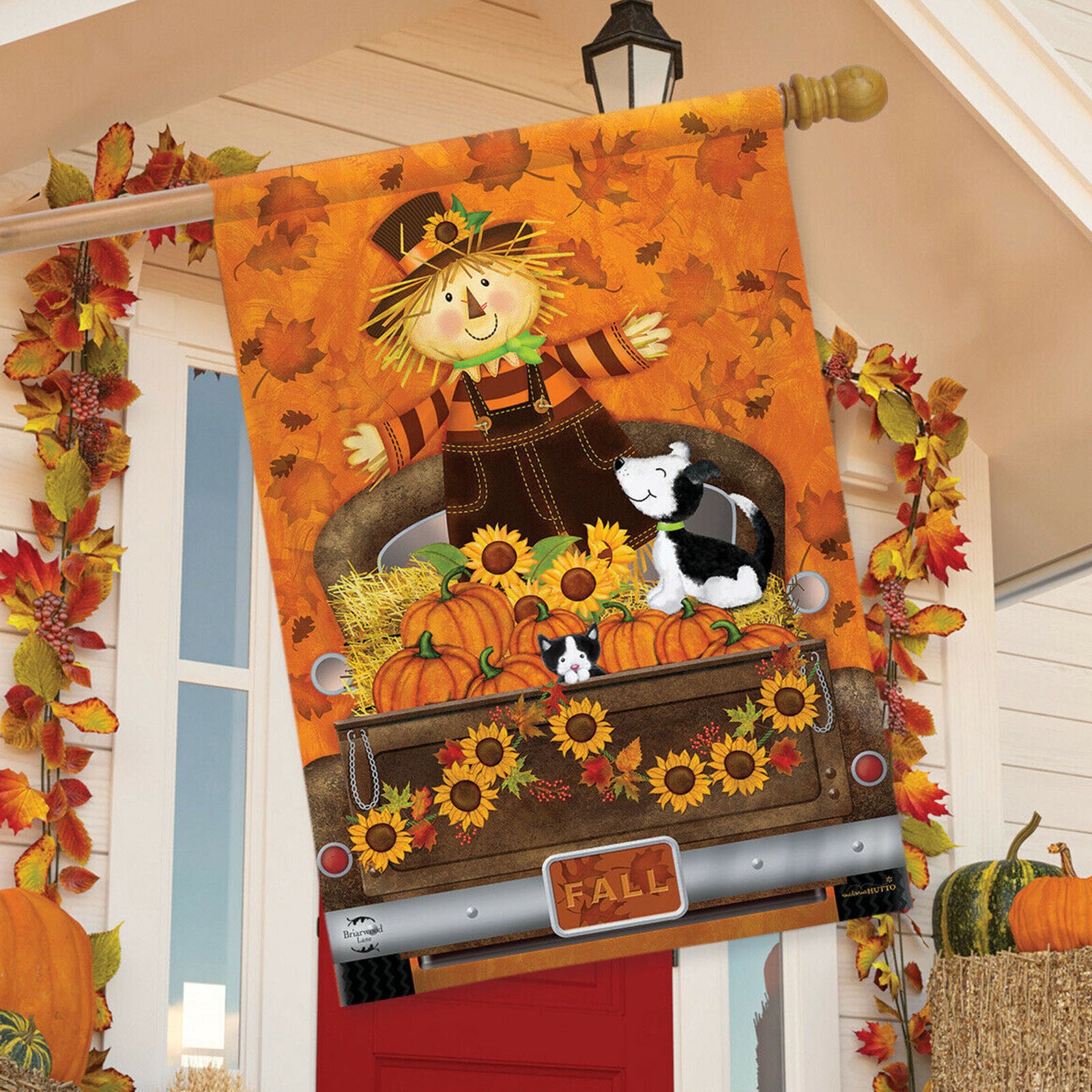 Fall Harvest Pickup House Flag Scarecrow Sunflowers 28" x 40" Briarwood Lane