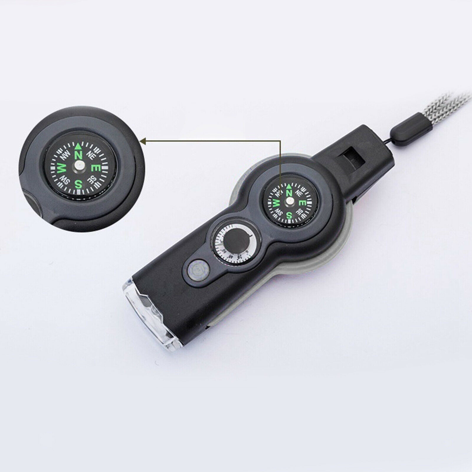 7in1 Emergency Survival Hiking Safety Whistle with Magnifier Flashlight Compass
