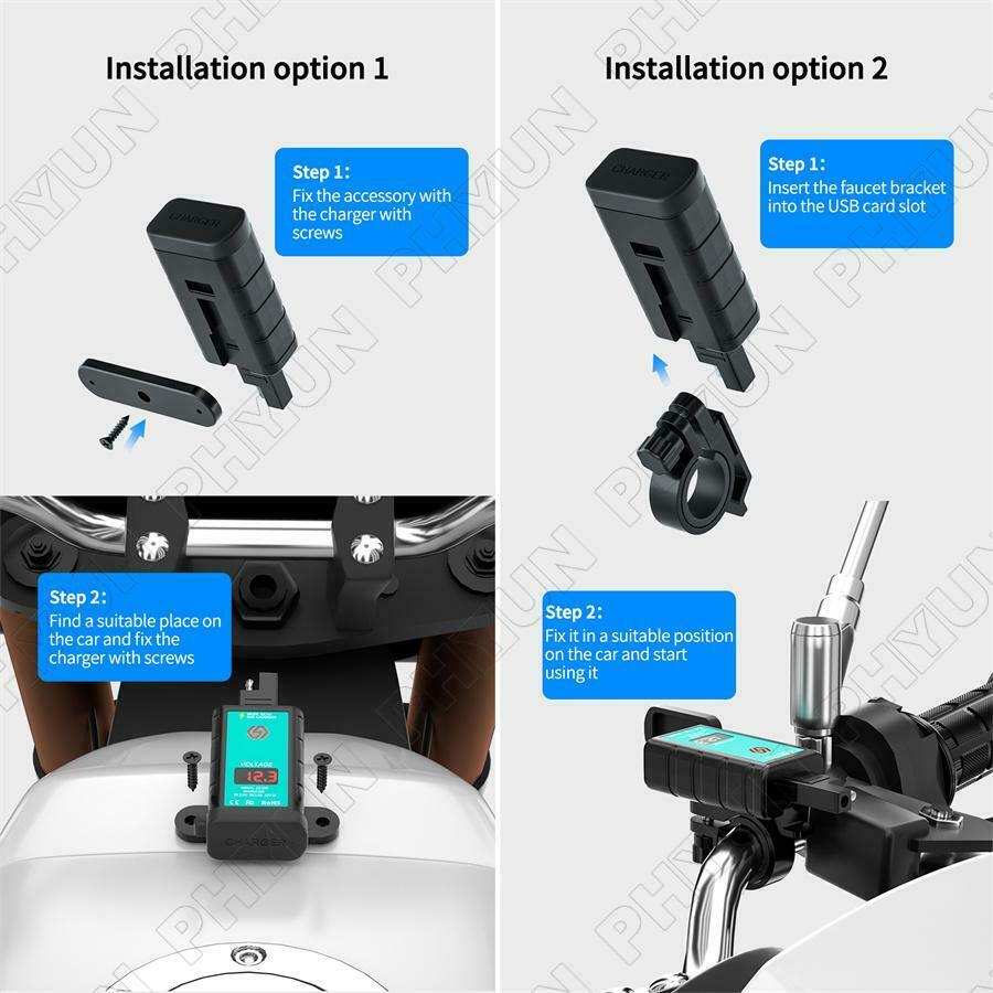 Motorcycle Scooter Dual USB Fast Charger w/ Voltmeter Power Switch SAE Socket