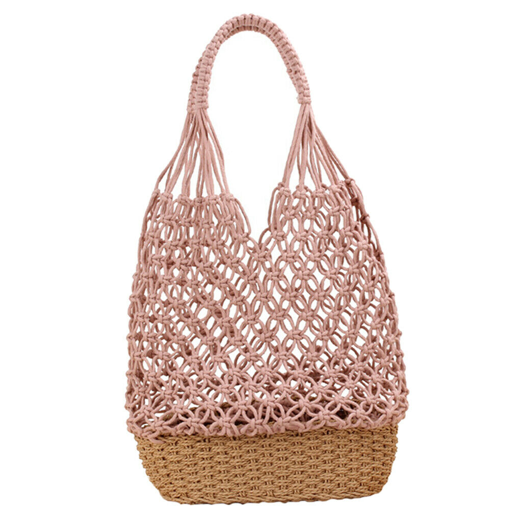 2PCS Womens Straw Shoulder Bag Beach Shopping Bag Woven Bag Purse Pink+White