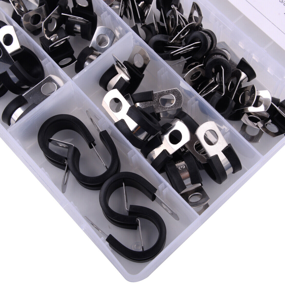 47x Cable Clamps Assortment Kit Stainless Steel Rubber Cushion Pipe Clamps