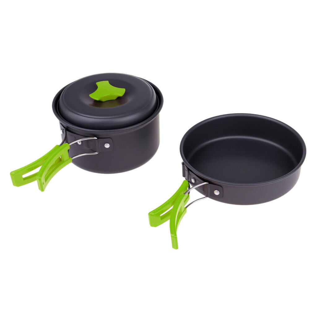 Aluminum Camping Mess Kit Cookware Cutlery Foldable Pot Pan Bowl Dish Green