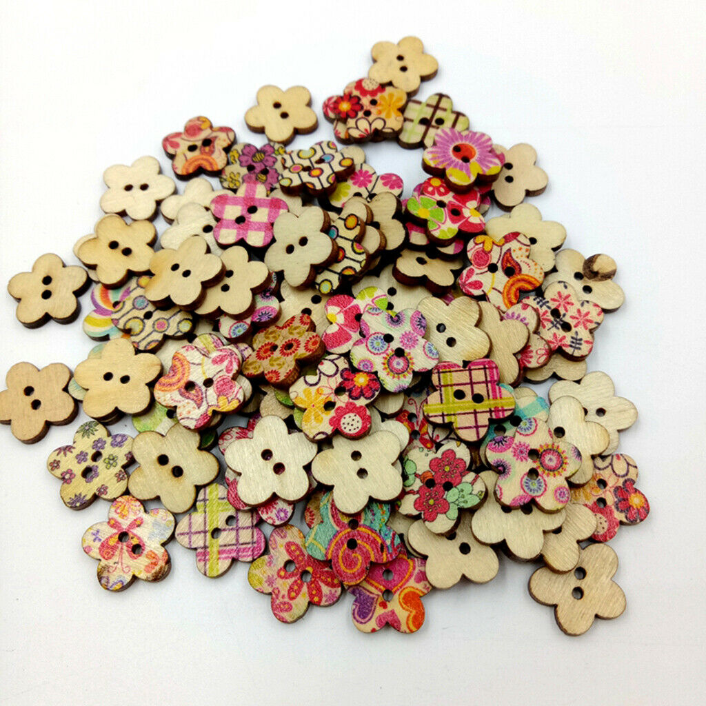 Lots 100 Wooden Flower Buttons w/ 2 Holes for Sewing, Craft DIY 12MM