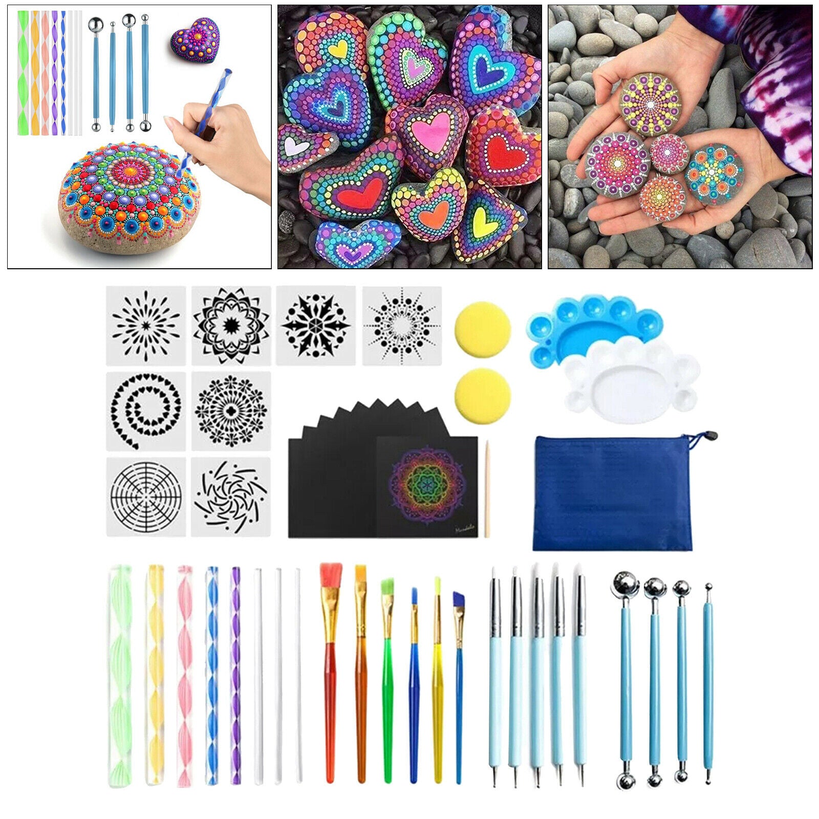 47Pcs Mandala Dotting Tools Rock Painting Kits Art Pen Paint Stencil Brush