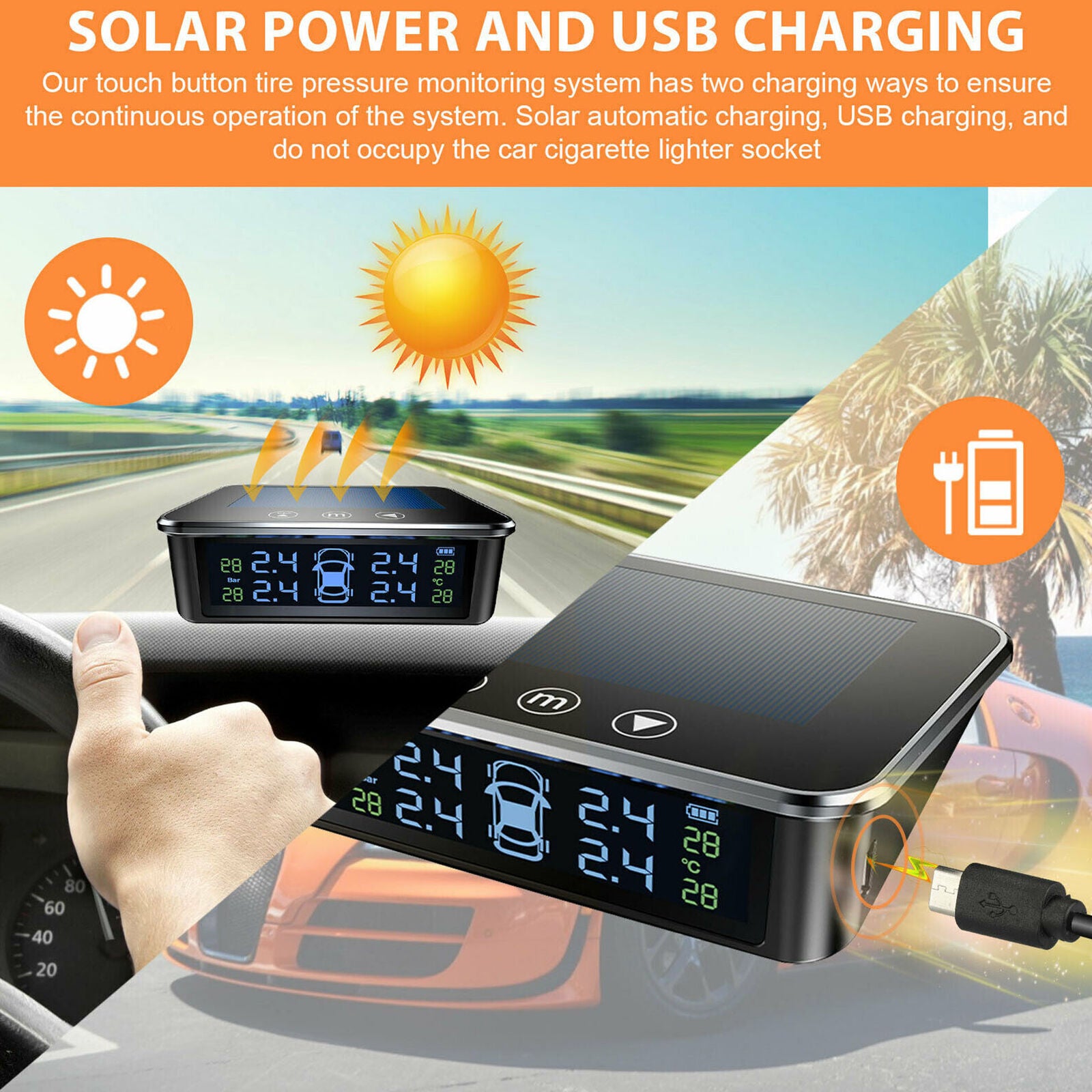 Wireless Touch Solar TPMS LCD Car Tire Pressure Monitoring System 4 Sensor Alarm
