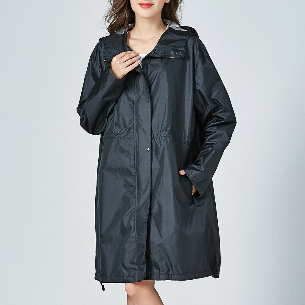 Women's Lightweight Raincoat Hooded Waterproof Outdoor Long Jacket L Black