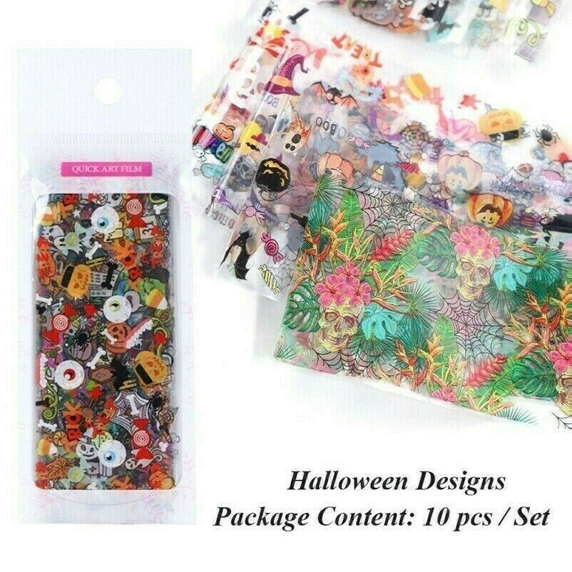 10Pcs Halloween Series Nail Foil Stickers Transfer Decals Paper Nail Decor