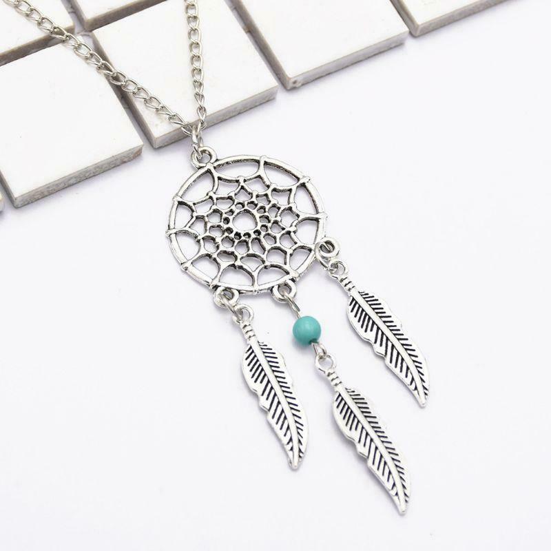 Women's Dangling Leave Charms Filigree Tribal Dream Catcher Pendant Necklace