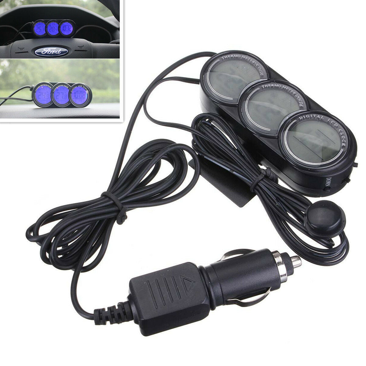 Car Mini Dashboard In/Outdoor Temperature Thermometer &Clock LCD Digital Display